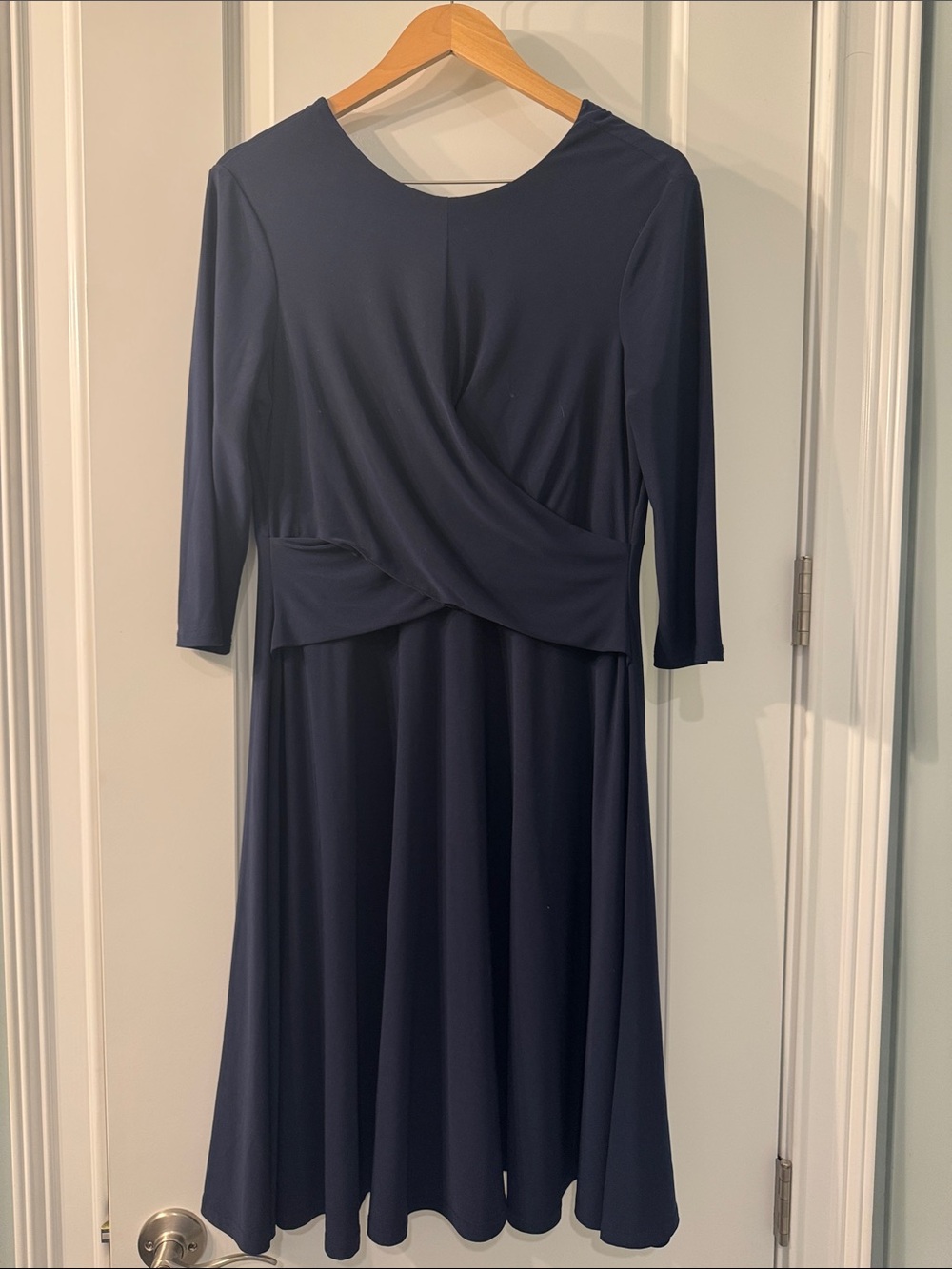 Eliza J Navy Faux-Wrap Midi Dress with 3/4 Sleeves